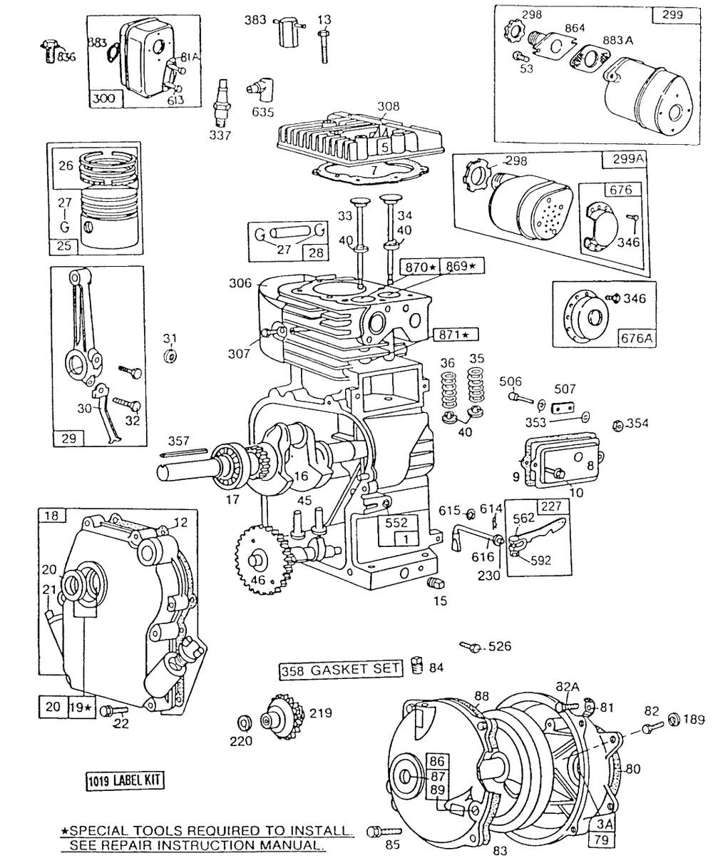 Cyl,oil Fill,piston,mufflers Diagram and Parts List for 112212-0840-XX  Briggs and Stratton Engine